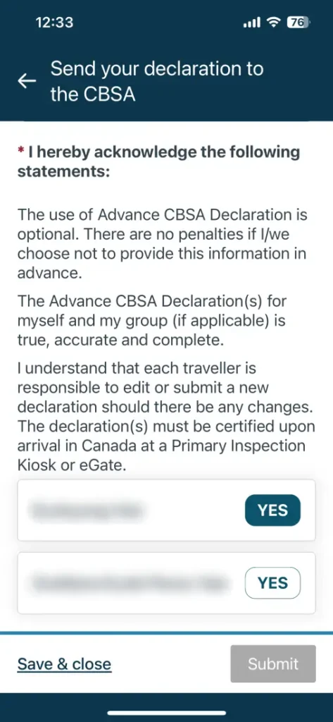 ArriveCan 어플 CBSA declaration