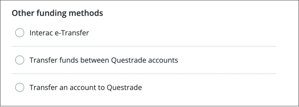Questrade에 돈 입금하는 옵션