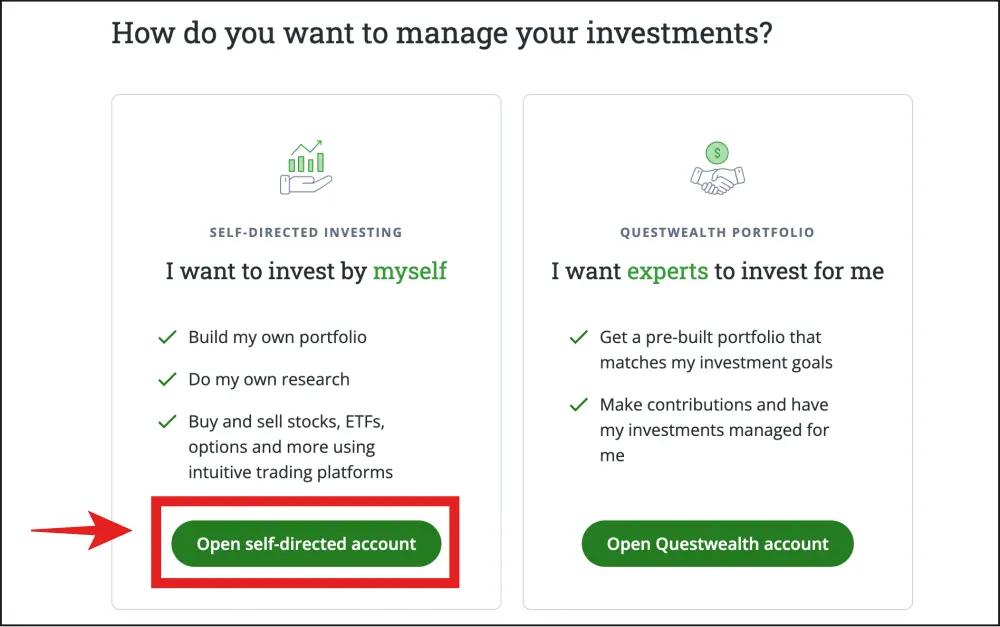 Questrade 웹사이트에서 self-directed account 와 Questwealth account 선택하기