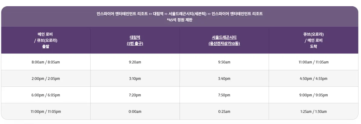 인스파이어-엔터테인먼트-리조트-대림역-서울드래곤시티-셔틀버스-노선